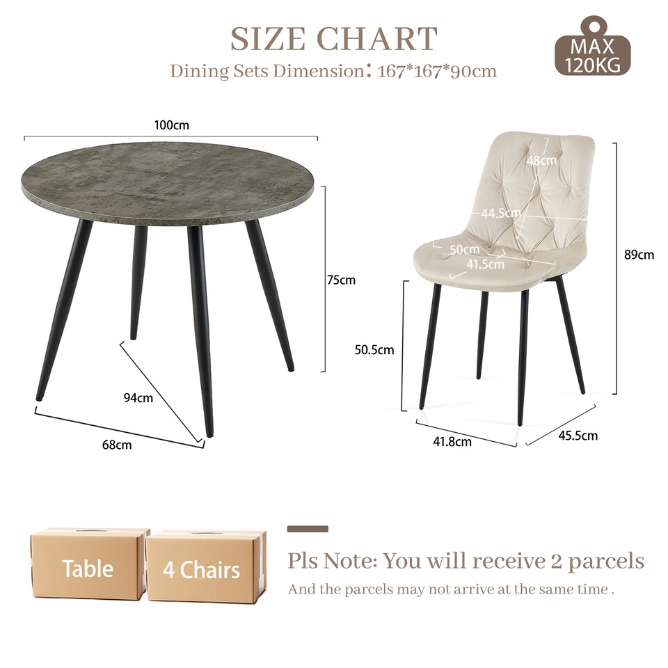 image 1 of SONARA Grey Marble Round Dining Table and Velvet Chairs Set, Modern 4 Seater for Dining Room