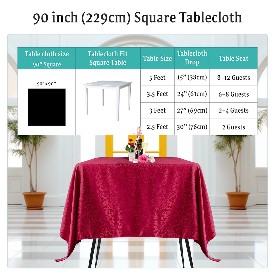 image 1 of Square Damask Table Cloth, Soft Washable Table Cover - 90" x 90"