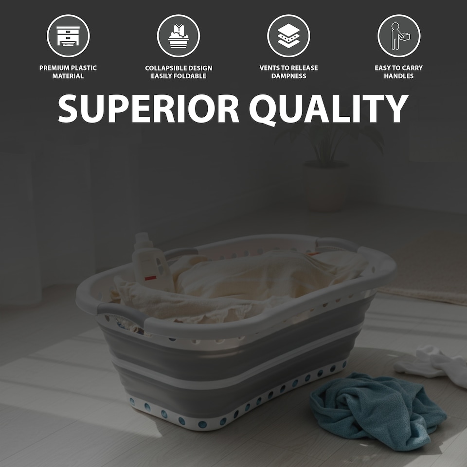 image 1 of Foldable Collapsible Laundry Basket 37L Capacity, Non-Slip Handles, Curved Shape