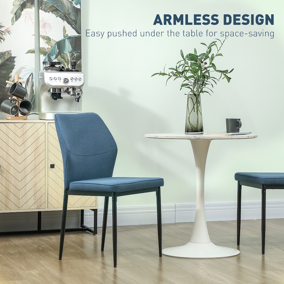 image 1 of HOMCOM Velvet Dining Chairs Set of 2, Modern Armless Upholstered Kitchen Chairs with Metal Legs, Curved Back and Padded Seat, for Dining Room, Bedroom, Living Room, Blue | Blue