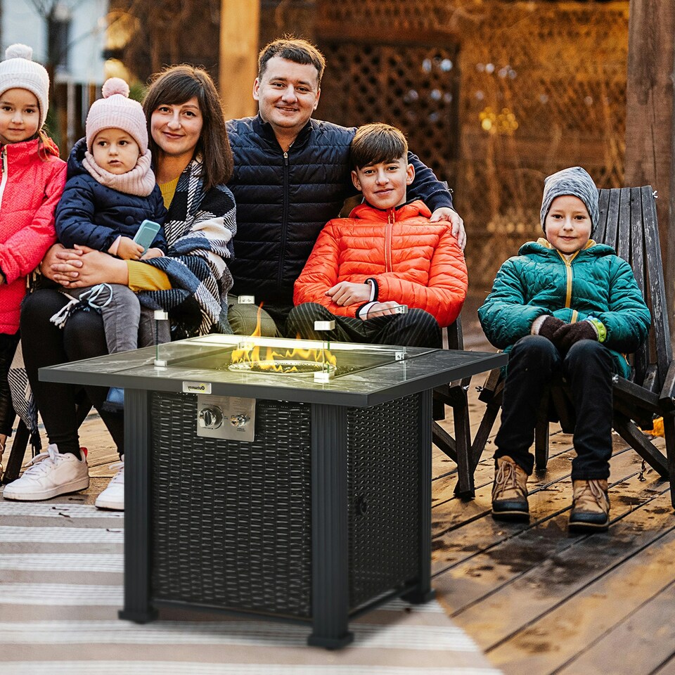 image 1 of Outsunny Rattan Fire Pit Table with Rain Cover and Windscreen, 50,000 BTU