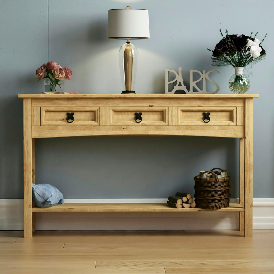 image 1 of Vida Designs Corona 3 Drawer Console Table With Shelf, Solid Pine Wood