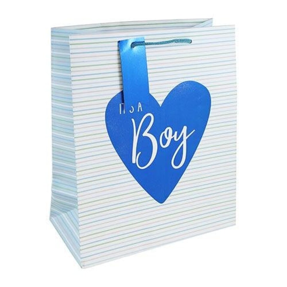 image 1 of It’s A Boy Blue Striped Large White Gift Bag 33cm Blue
