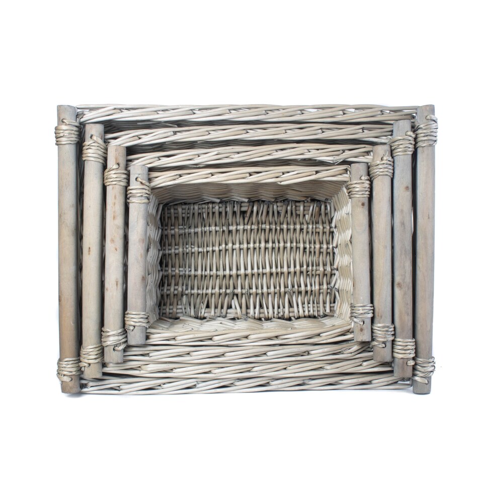 image 1 of Set of 4 Antique Wash Wooden Handled Wicker Storage Basket | Grey | Grey | Not provided