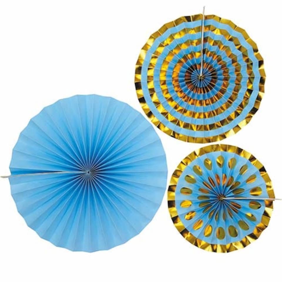 image 1 of Blue & Gold Pinwheel Fan Hanging Decorations - Pack of 3