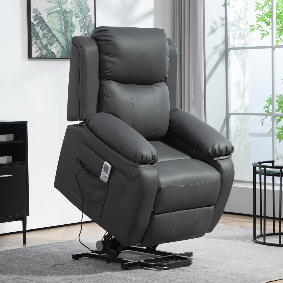 image 1 of HOMCOM Riser and Recliner Chair with Massage, Power Lift Recliner Chair for Elderly with Remote Control, Extended Footrest, Dual Side Pockets, Overstuffed Electric Reclining Armchair, Dark Grey | Grey