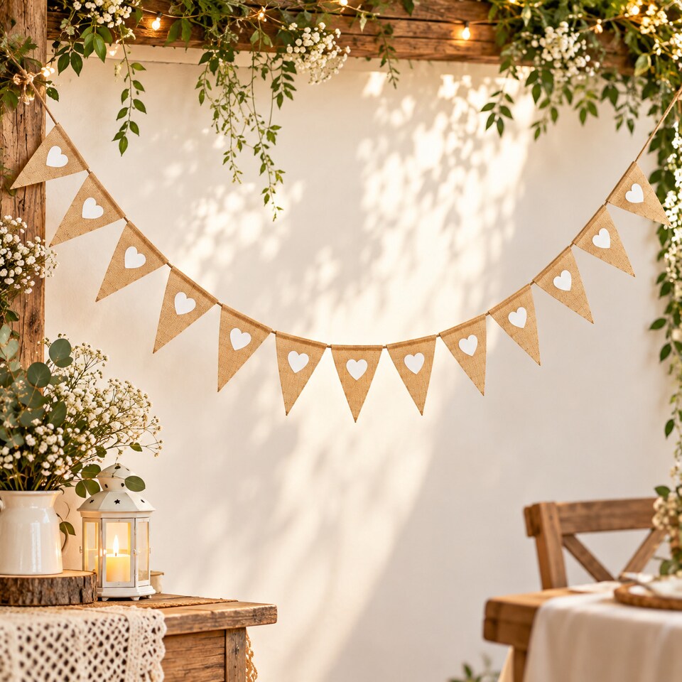 image 1 of Hessian White Hearts Party Bunting 3m with 14 Pennants