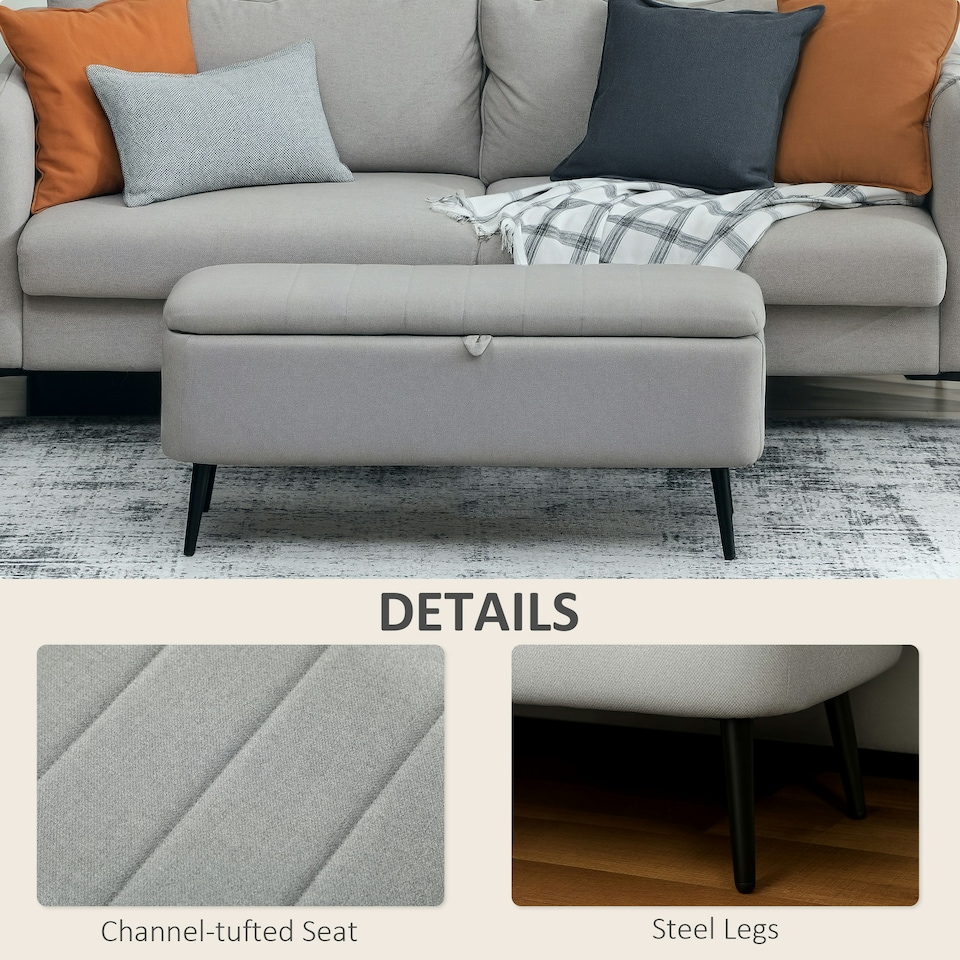 image 1 of HOMCOM Storage Ottoman Bench, Linen Fabric Footstool with Steel Legs Grey