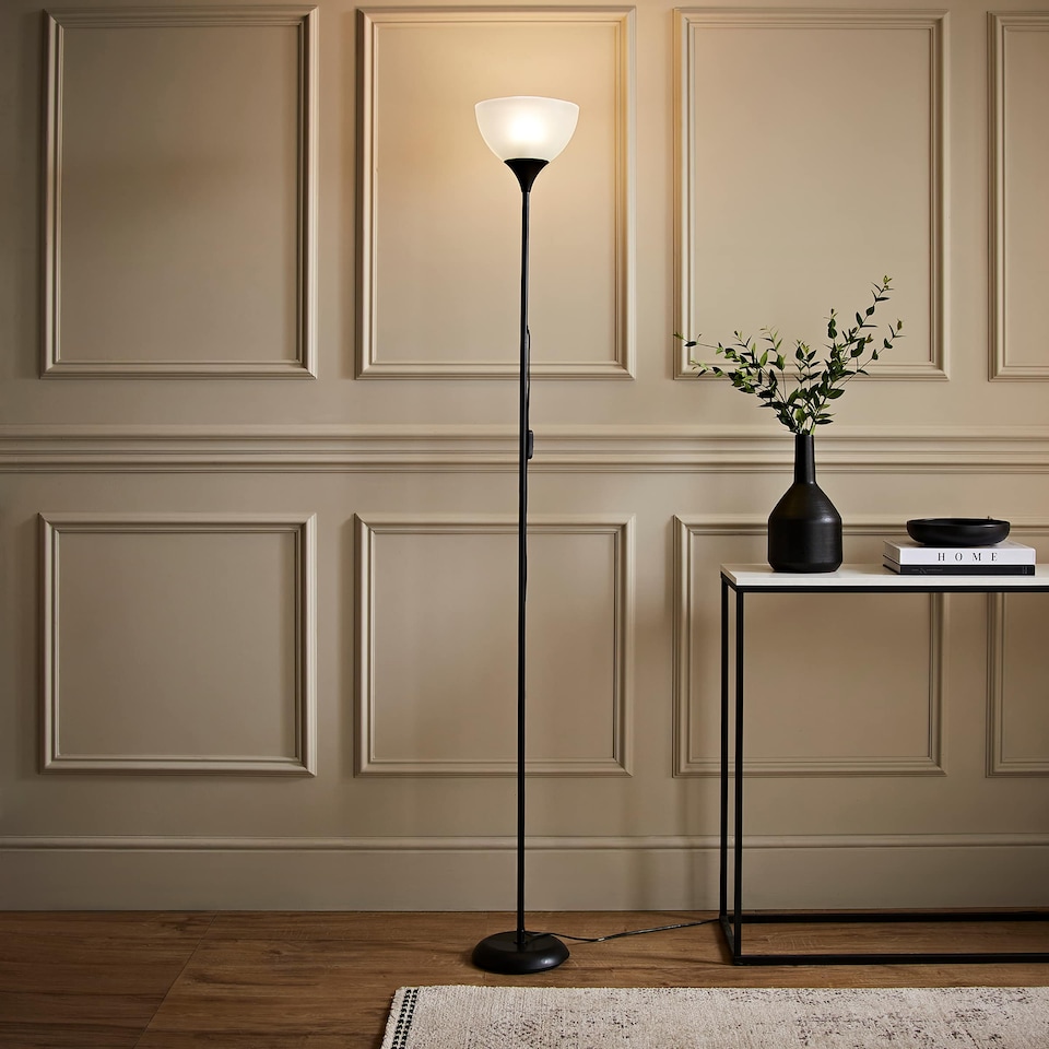 image 1 of ValueLights Dalby Black Single Uplighter Floor Lamp White Shade | Black