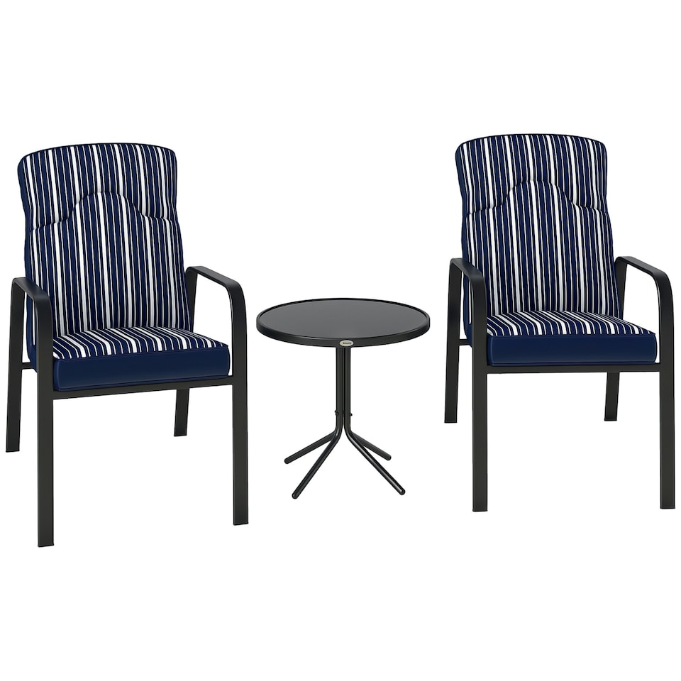 image 1 of Outsunny 3-Piece Recliner Garden Chairs and Tempered Glass Table Set, Blue