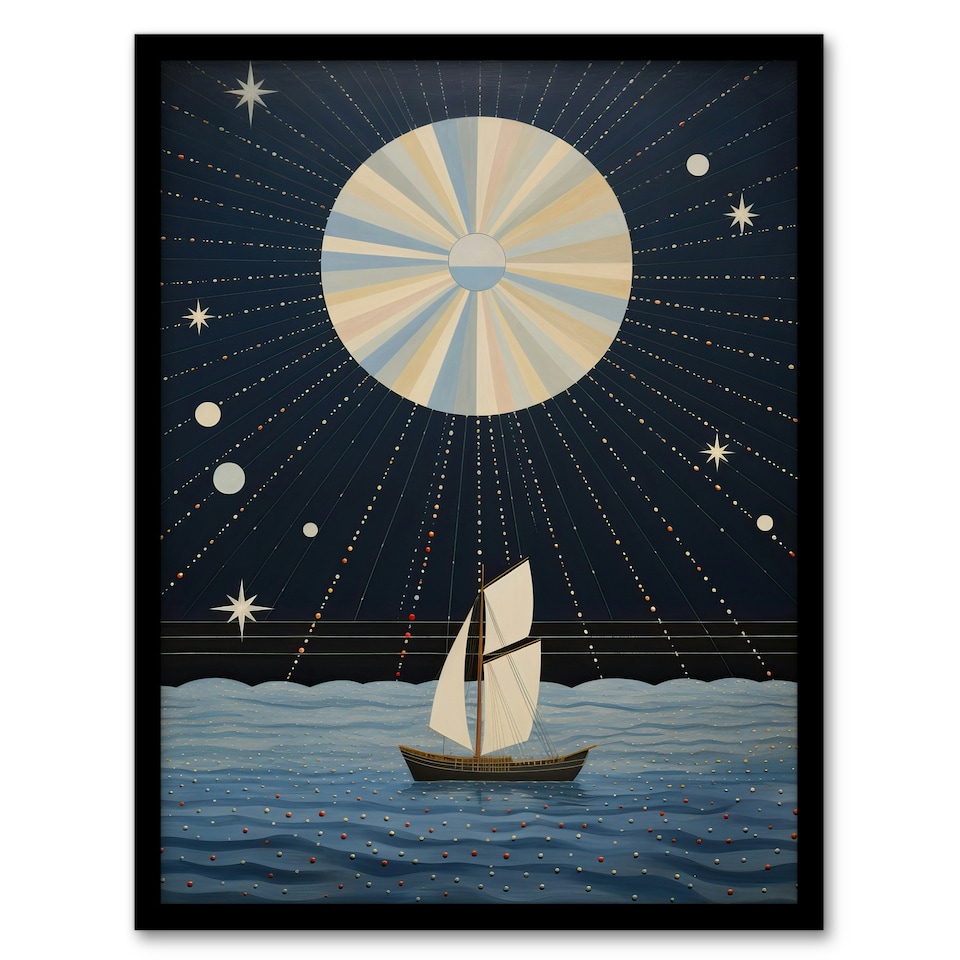 image 1 of Sailing Into Moonlight Boat Full Moon Home Decor Black Framed Wall Art Print A4