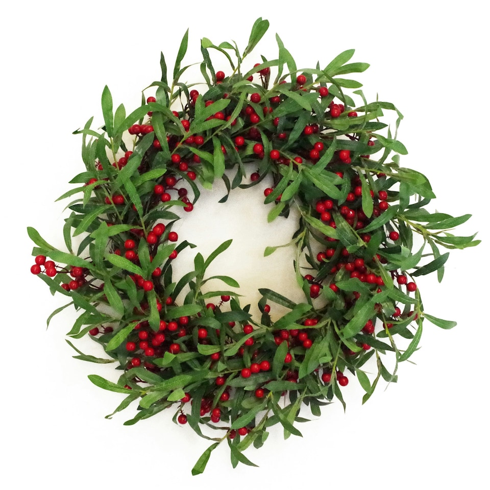 image 1 of 60cm (24 inches) Large Luxury Christmas Mistletoe Leaf and Red Berry Floristry Wreath