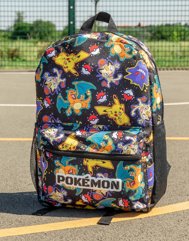 image 1 of Pokemon Pikachu Charizard Gengar Meowth Backpack in Black - Kids Character All Over Print Bag - Adjustable Shoulder Straps, Front Pocket & Mesh Holder | Black | Black