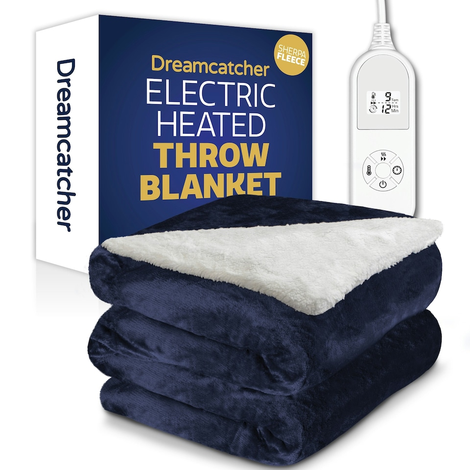 image 1 of Dreamcatcher Navy Blue Soft Microfleece & Sherpa Electric Blanket Heated Throw 160x120cm | Blue | Blue | One Size | 1