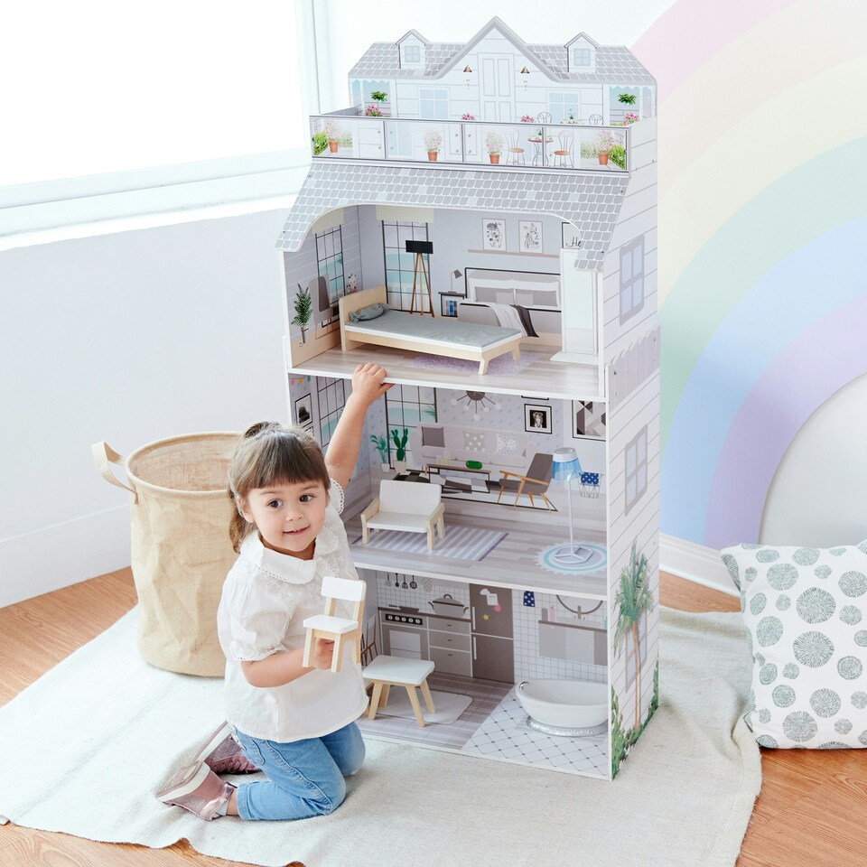 image 1 of Teamson Kids 12in 3 Floor Deluxe Dollhouse with Matching Accessories, Grey