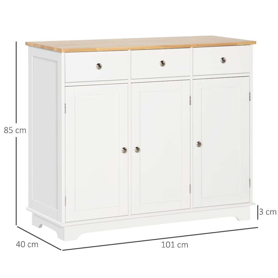 image 1 of HOMCOM Sideboard with Rubber Wood Top, Modern Storage Cabinet, Kitchen Cupboard with 3 Doors, 3 Drawers and 3 Adjustable Shelves for Dining Room, Living Room, White | White | White