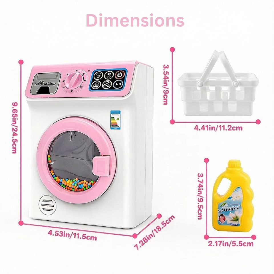 image 1 of Kids Washing Machine Toy with Lights, Sounds & Spinning Drum – Pretend Play Laundry Set with Detergent Bottle, Basket & Accessories, Educational Gift Ages 3+ (pink)
