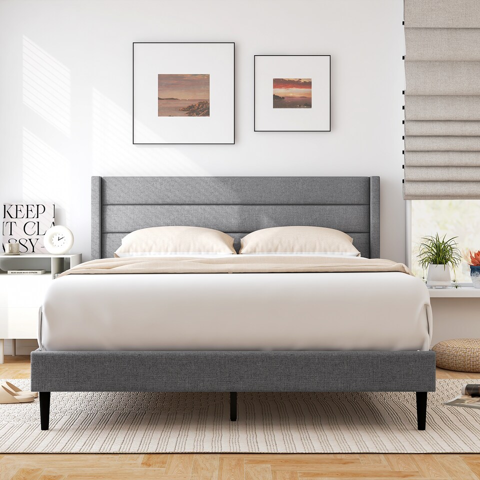 image 1 of COSTWAY Double Bed Frame Linen Upholstered Platform Bed Headboard Grey