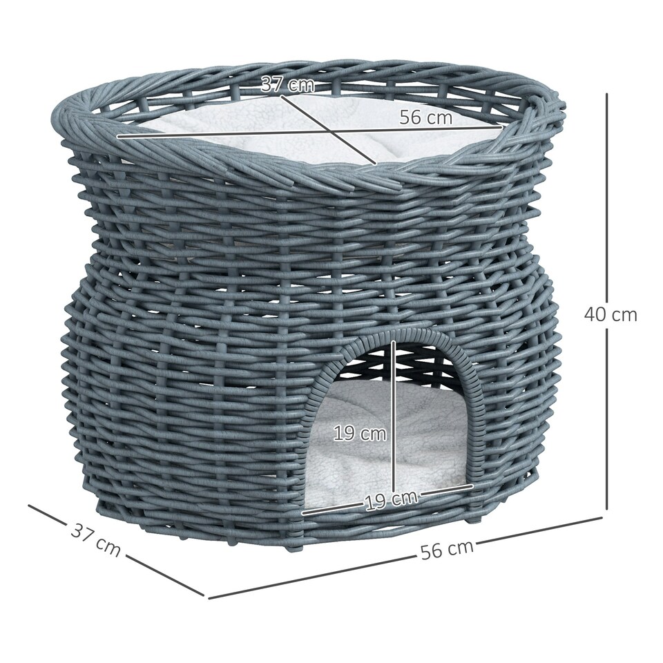 image 1 of PawHut 2-Tier Elevated Pet Cushion Bed Basket Willow Cat Tree House Condo Kennel