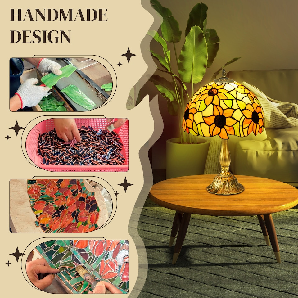image 1 of HOMCOM Stained Glass Table Lamp, Handmade Antique Bedside Lamp for Bedroom, Living room, Home, Nightstand, Decorative Night Light, Orange Sunflower