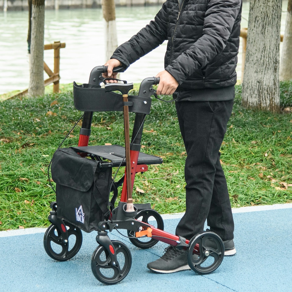image 1 of HOMCOM 4 Wheel Rollator Walker, Adjustable Mobility Walker with Bag, Red