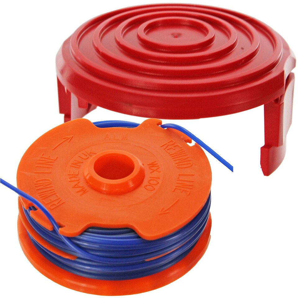 image 1 of SPARES2GO Dual Strimmer Line Spool + Cover Cap Kit compatible with McGregor 350w MET3525 Trimmer