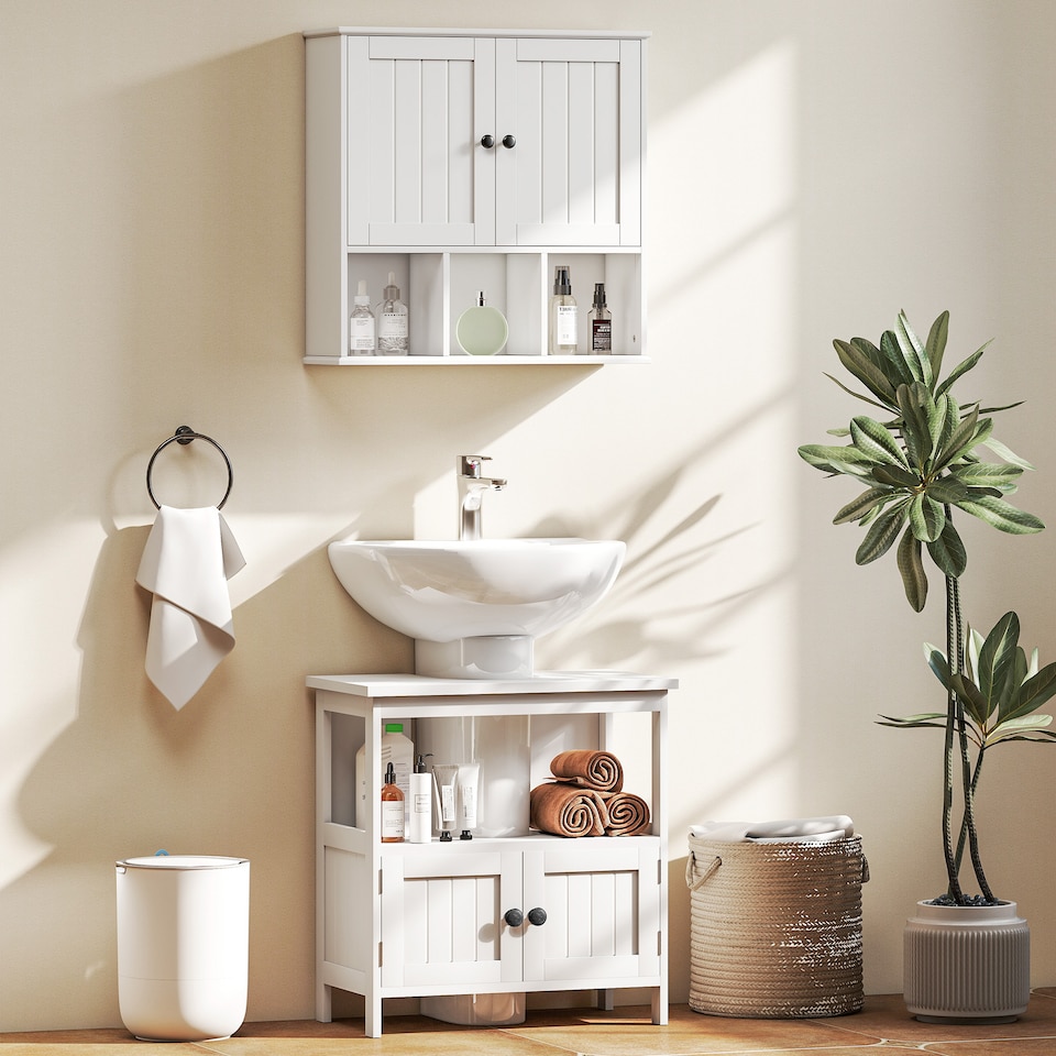 image 1 of kleankin Pedestal Under Sink Cabinet with Double Doors, Modern Bathroom Vanity Storage Unit with Shelves, White | White | White