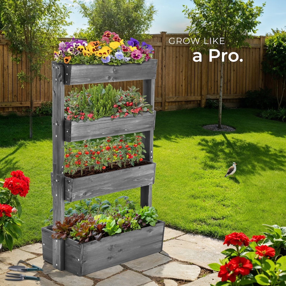 image 1 of Vertical Planter Flora in a Rustic Wooden Design with 3 to 5 Tiers and Plant Fleece Included | Grey | grey | 45 x 85 x 140 cm | 1