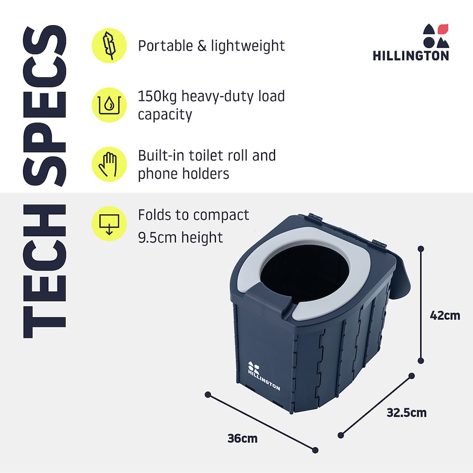 image 1 of Hillington Portable Camping Toilet 150kg - Foldable with Padded Seat & Complete Accessory Kit - Blue