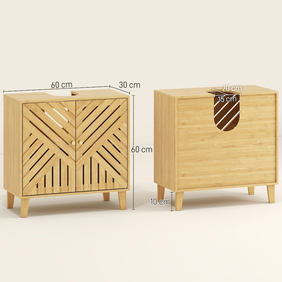 image 1 of HOMCOM Under Sink Bathroom Cabinet, Bamboo Freestanding Under Sink Cabinet with Adjustable Shelf and Slat Doors for Basin without Pedestal, Natural