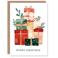 Presents Gifts Stack Red Green Pink Blank For Him Or Her Art Xmas Festive Christmas Card
