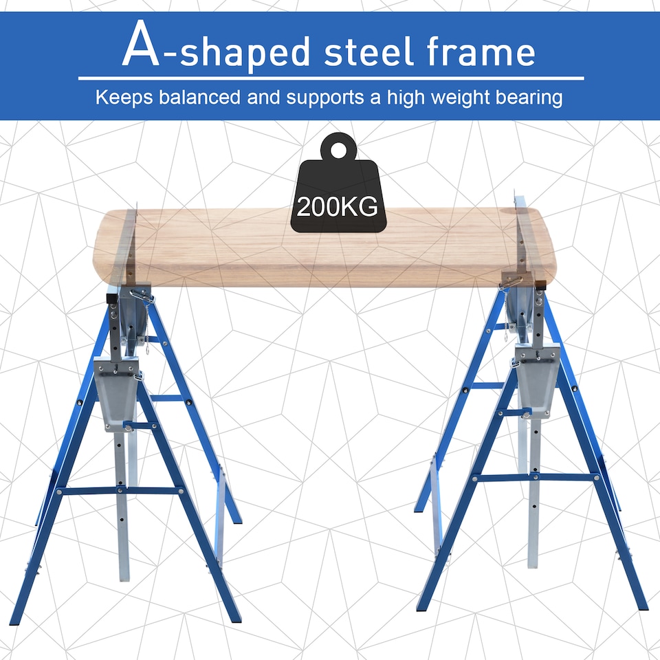 image 1 of HOMCOM Set Of 2 Steel Saw Horses Telescopic Builders Work Bench Folding Blue