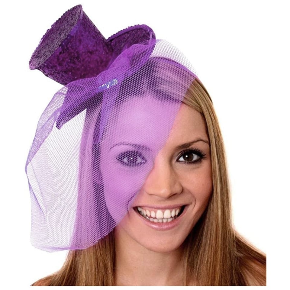 image 1 of Pack of 1 Mini Purple Glitter Fascinator Top Hat Purple | One Size
