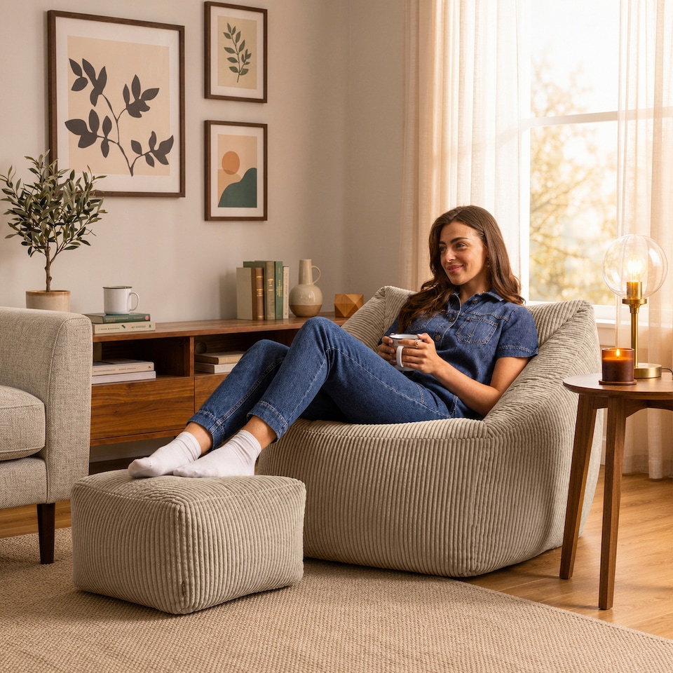 image 1 of Natalia Large Beanbag and Pouffe Set Corduroy Natural Beige | Cream | Natural | XL | 2