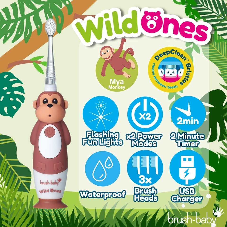 image 1 of Brush Baby WildOnes™ Monkey Kids Electric Rechargeable Toothbrush