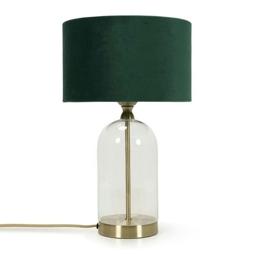 image 1 of ValueLights Jessy Glass and Gold Metal Bedside Table Lamp with a Forest Green Velvet Lampshade - Bulb Included Green