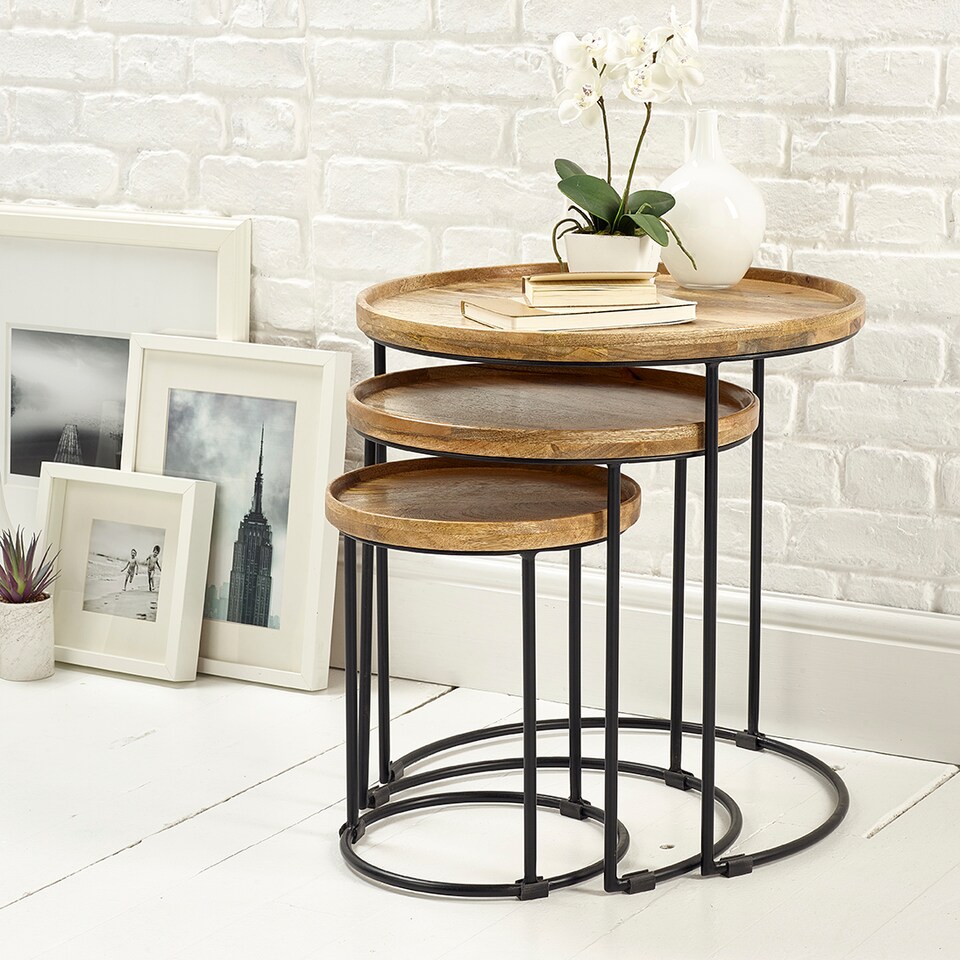 image 1 of Round Nest Of Three 3 Tables End Lamp Light Solid Mango Wood Black Metal Frame 57cm H x 54cm W x 54cm D