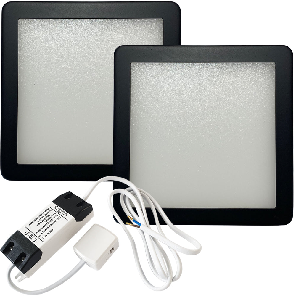 Loops 2x MATT BLACK Ultra-Slim Square Under Cabinet Kitchen Light & Driver Kit - Natural White Diffused LED