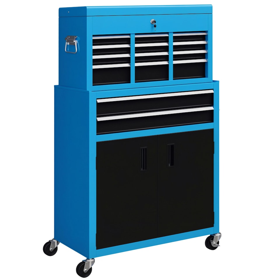 image 1 of HOMCOM Top Chest and Roller Cabinet Combo Metal Tool Cabinet on Wheels Blue Blue | Black