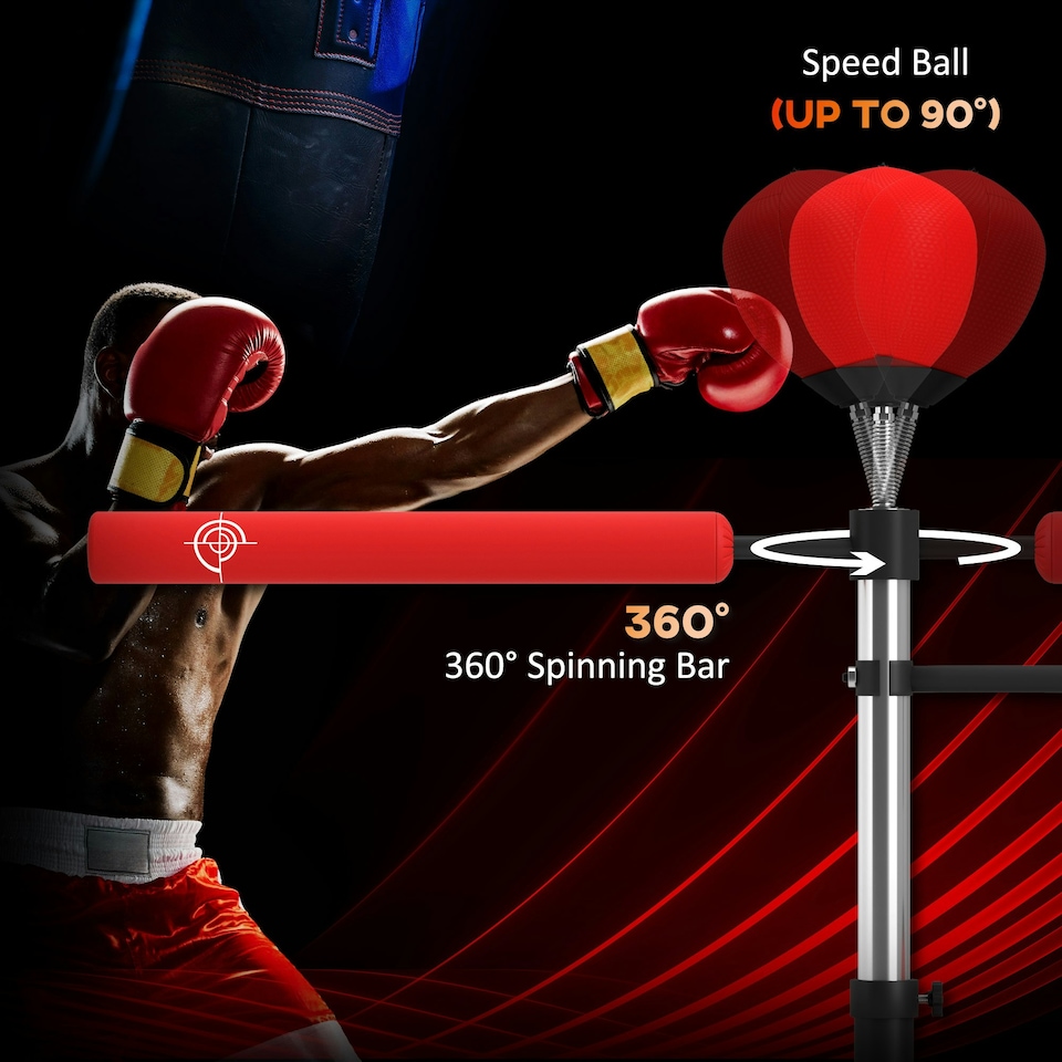 image 1 of HOMCOM 4-in-1 Boxing Punching Bag Free Standing with 2 Speed Balls, 360° Relax Bar, PU-Wrapped Boxing Bag and Fillable Base, 160-230cm Adjustable Height Red