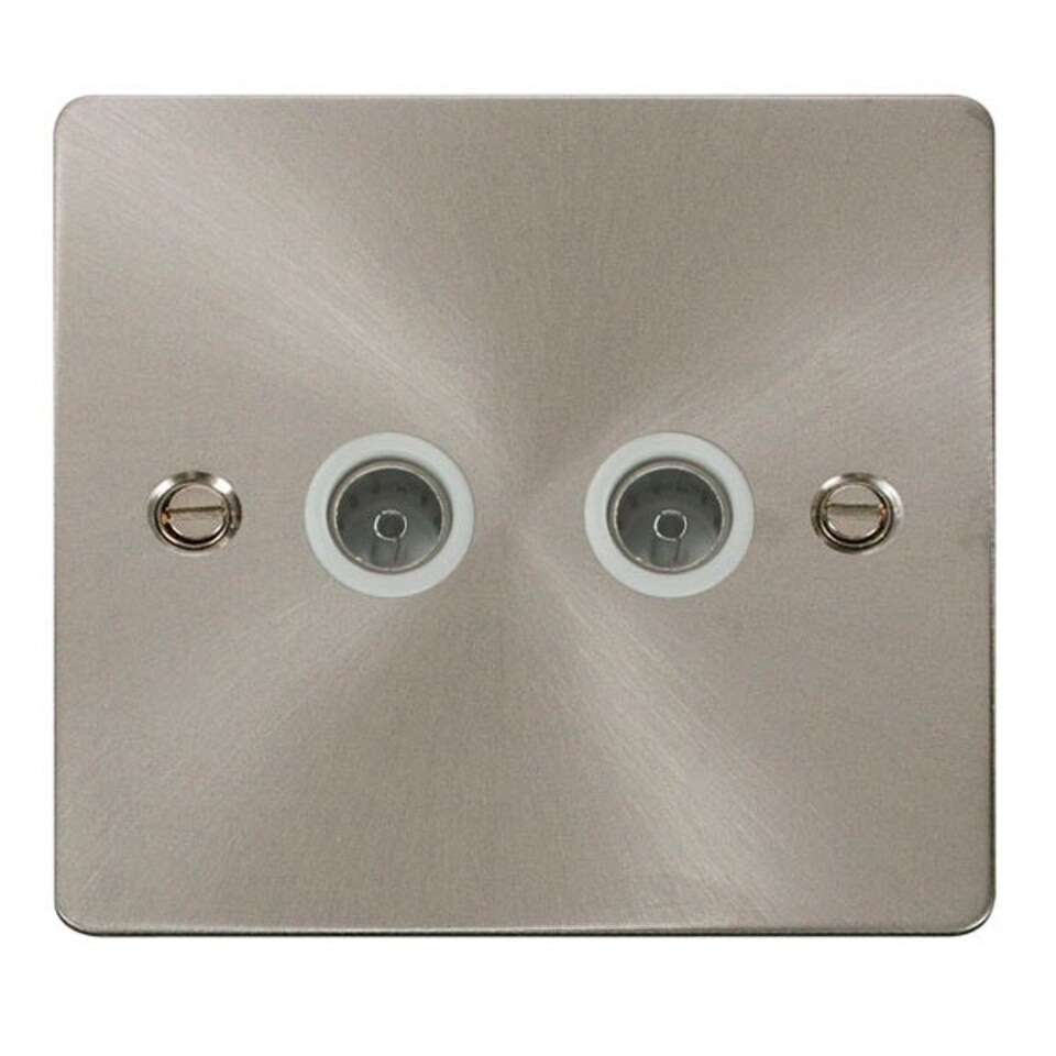 SE HOME Flat Plate Satin / Brushed Chrome 2 Gang Twin Coaxial TV Socket - White Trim - SE Home White | Satin Chrome