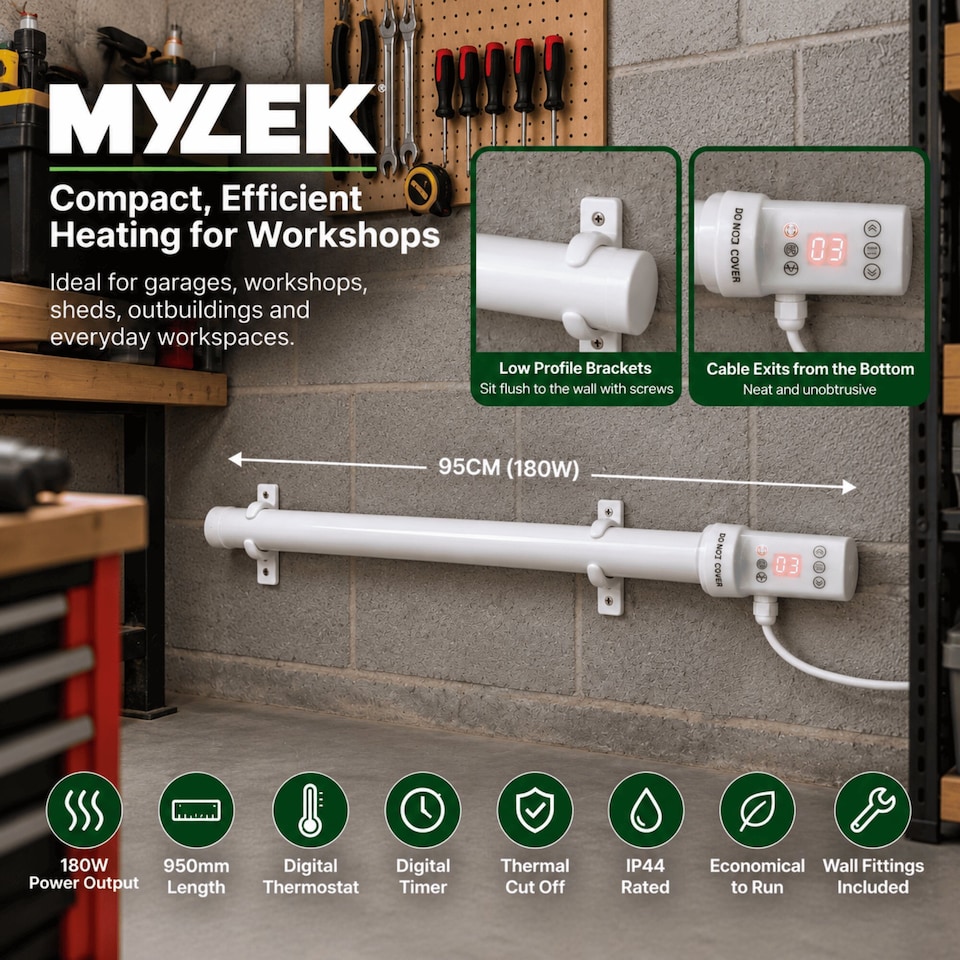 image 1 of Mylek Tubular Heater 180W - 1500mm - Low Energy Tube - Built in Thermostat And Mounting Brackets Greenhouse, Garage, Caravan