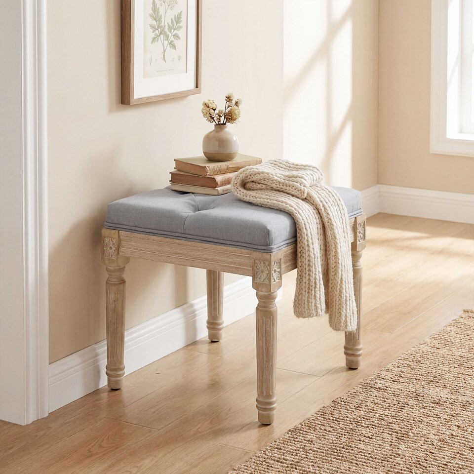 image 1 of HOMCOM Vintage Foot Stool with Wood Legs, Light Grey | Grey | Light Grey