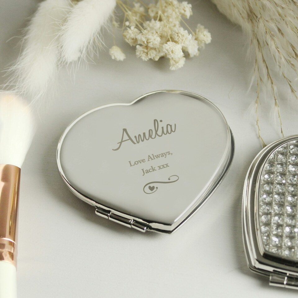 image 1 of Personalised Swirls & Hearts Diamante Heart Compact Mirror Silver