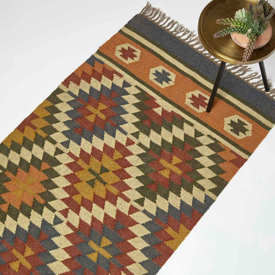image 1 of Homescapes Lucea Orange and Blue Kilim Runner Wool Rug - 80 x 180 cm