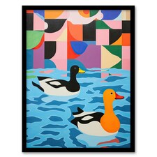 Bathtime Buddies Vibrant Abstract Ducks Bathroom Black Framed Wall Art Print A4