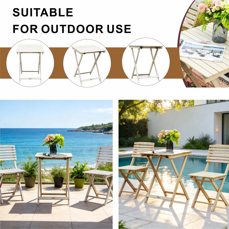 image 1 of Direct Wicker Foldable Acacia Wood Bistro Set, Sanded Natural Finish, Compact Folding Square Table Chairs Set