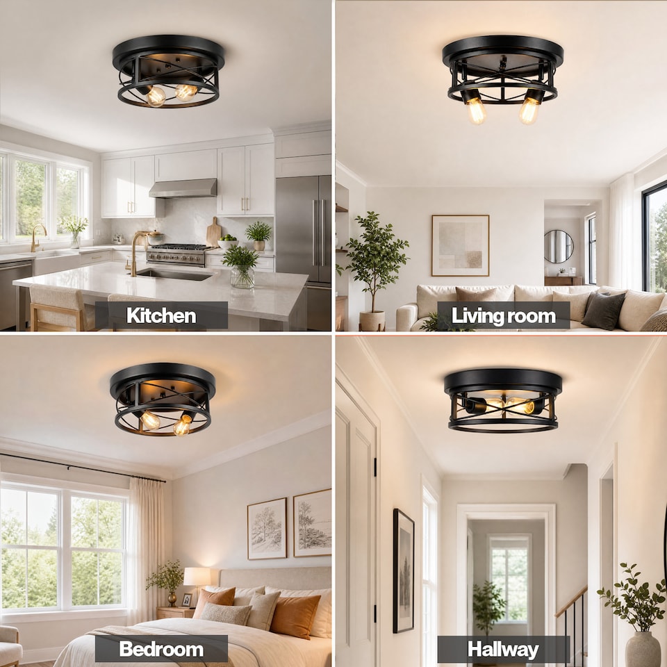 image 1 of Emitto Ceiling Lights E27 Metal Cage 90° Adjustable Heads Kitchen Fixture Black