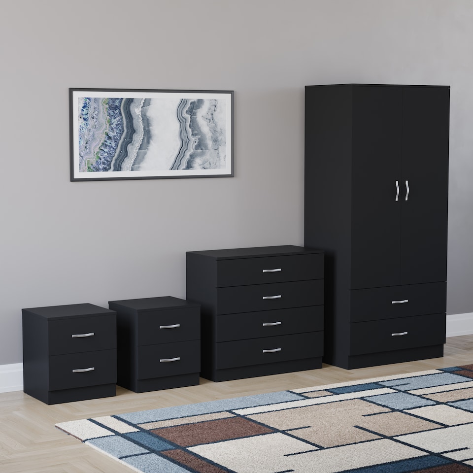 image 1 of Vida Designs Riano 4 Piece Bedroom Set (2 Drawer Bedside Chest, 4 Drawer Chest, 2 Door 2 Drawer Wardrobe), Black (5)
