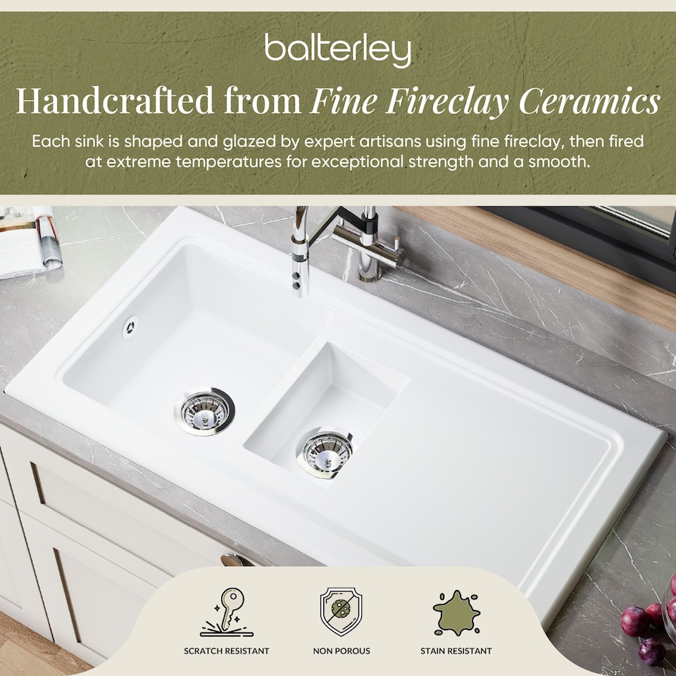 image 1 of Balterley 101cm Inset Counter Top 1.5 Bowl Fireclay Ceramic Kitchen Sink with Plain Drainer | White | White | 1